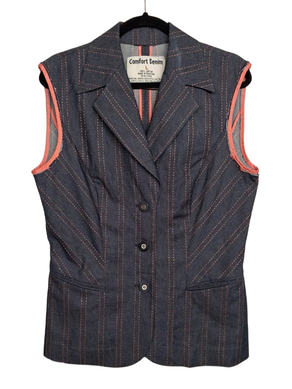 COMFORT DENIM Pinstripe Blazer Vest Sleeveless Coral Trim Dark Denim Large